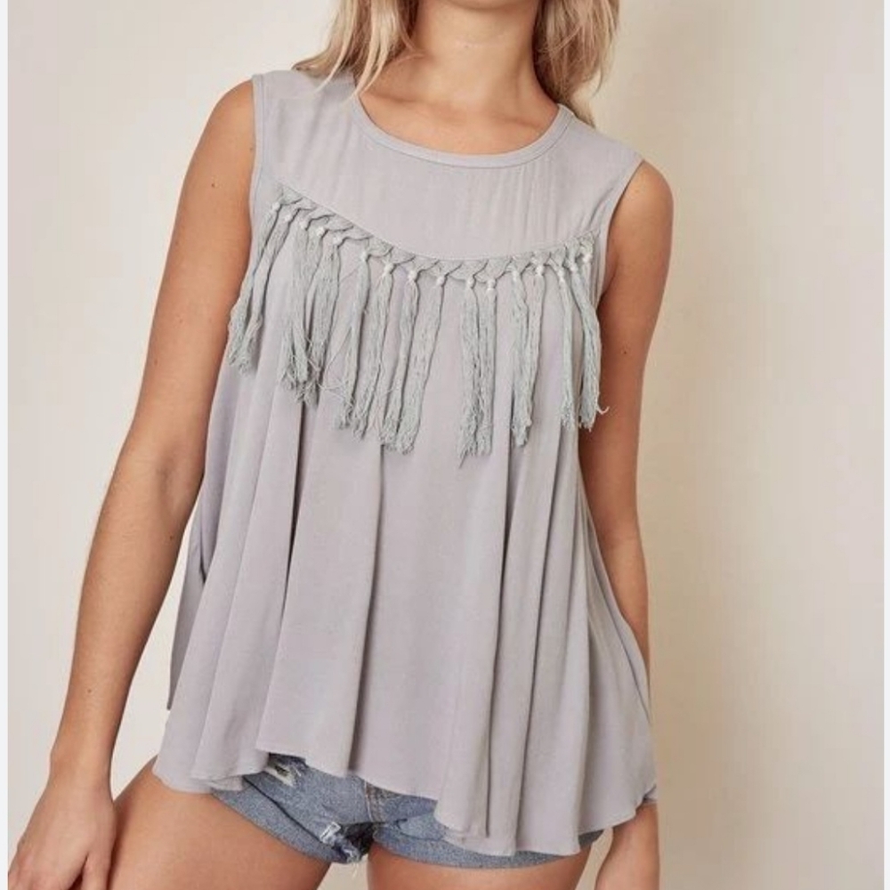3/$18 Closette Chic Gray Tassel Sleeveless Tank Top NWOT